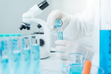Scientist analyze biochemical samples in advanced scientific laboratory. Medical professional use dropper mix microbiological developmental of viral. Biotechnology research in  science lab. cosmetic