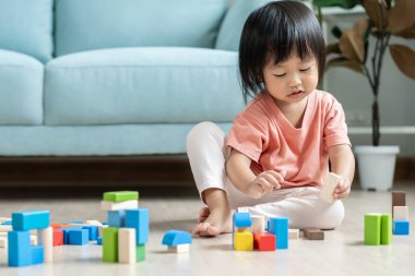 Mutlu Asyalı çocuk oyun oynuyor ve oyuncak bloklarını öğreniyor. Çocuklar evde çok mutlu ve heyecanlı. Çocuk oyun, etkinlik, gelişme ve dikkat eksikliği hiperaktivite bozukluğuyla çok iyi vakit geçiriyor