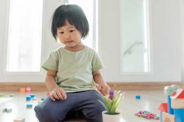 Mutlu Asyalı çocuk oyun oynuyor ve oyuncak bloklarını öğreniyor. Çocuklar evde çok mutlu ve heyecanlı. Çocuk oyun, etkinlik, gelişme ve dikkat eksikliği hiperaktivite bozukluğuyla çok iyi vakit geçiriyor