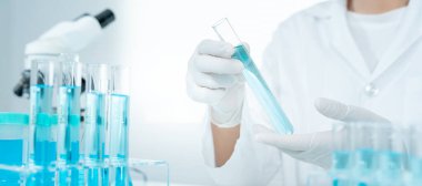 Scientist analyze biochemical sample in advanced scientific laboratory. Medical professional check chemical mix microbiological developmental of viral. Biotechnology research in science lab. cosmetic
