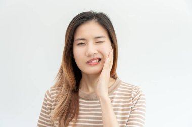 Asian woman feel toothache from gingivitis, female suffer tooth, decay problems, dental care. sensitive tooth, decay problem, bad breath, Gingival Recession, Oral Hygiene instruction, tooth extraction