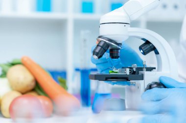 Scientist check chemical food residues in laboratory. Control experts inspect quality of fruits, vegetables. lab, hazards, ROHs, find prohibited substances, contaminate, Microscope, Microbiologist