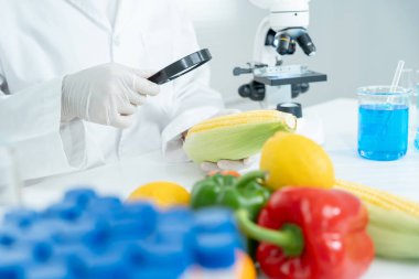 Bilimadamı laboratuardaki kimyasal meyve artıklarını kontrol ediyor. Kontrol uzmanları kimyasal kalıntıların konsantrasyonunu inceliyor. Tehlike, standart, yasaklı maddeleri bul, kirlet, mikrobiyolog