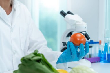 Scientist check chemical food residues in laboratory. Control experts inspect quality of fruits, vegetables. lab, hazards, ROHs, find prohibited substances, contaminate, Microscope, Microbiologist