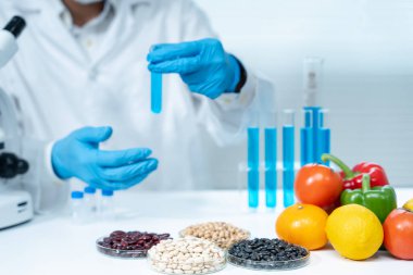 Scientist check chemical food residues in laboratory. Control experts inspect the concentration of chemical residues. hazards, ROHs standard, find prohibited substances, contaminate, Microbiologist