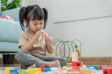 Mutlu Asya çocukları oyuncak bloklarıyla oynayıp öğreniyor. Aile evde mutlu ve heyecanlı. Kızın zaman, etkinlik, gelişme, IQ, EQ, meditasyon, beyin, kaslar, temel beceriler.