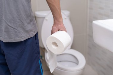 Constipation and diarrhea in bathroom. Hurt man touch belly  stomach ache painful. colon inflammation problem, toxic food, abdominal pain, abdomen, constipated in toilet, stomachache, Hygiene