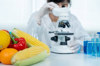 Scientist check chemical food residues in laboratory. Control experts inspect quality of fruits, vegetables. lab, hazards, ROHs, find prohibited substances, contaminate, Microscope, Microbiologist