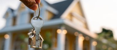 Kira, kiralama ve ev satma. Emlakçının elinde yeni bir ev ya da emlak için anahtar var. kira, satış, kredi finans, sigorta, satıcı, dağıtıcı, taksit, satın alma, satma, taşınma