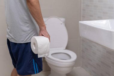 Constipation and diarrhea in bathroom. Hurt man touch belly  stomach ache painful. colon inflammation problem, toxic food, abdominal pain, abdomen, constipated in toilet, stomachache, Hygiene