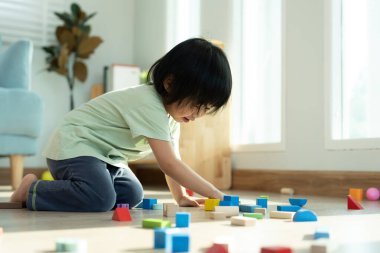 Mutlu Asya çocukları oyuncak bloklarıyla oynayıp öğreniyor. Aile evde mutlu ve heyecanlı. Kızın zaman, etkinlik, gelişme, IQ, EQ, meditasyon, beyin, kaslar, temel beceriler.