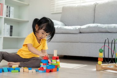 Mutlu Asya çocukları oyuncak bloklarıyla oynayıp öğreniyor. Aile evde mutlu ve heyecanlı. Kızın zaman, etkinlik, gelişme, IQ, EQ, meditasyon, beyin, kaslar, temel beceriler.