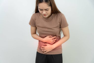 stomach ache. Asian women have abdominal pain, indigestion, gastritis, menstrual cramps, flatulence, diarrhea, distention, colon cancer, belly inflammation problem, suffer food poisoning, abdomen