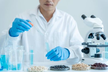 Scientist analyze biochemical samples in advanced scientific laboratory. Medical professional use dropper mix microbiological developmental of viral. Biotechnology research in  science lab. cosmetic