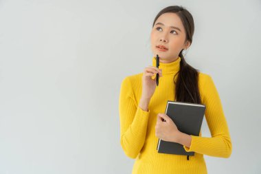 Portrait beautiful Asian woman student. Smile girl happy study. read book in college campus. young female on international Asia University. Education, study, school, learning, exam, continue education