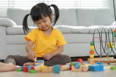 Mutlu Asyalı çocuk oyun oynuyor ve oyuncak bloklarını öğreniyor. Çocuklar evde çok mutlu ve heyecanlı. Çocuk oyun oynarken, etkinliklerde, gelişimde, dikkat eksikliğinde hiperaktivite bozukluğunda harika zaman geçirir.