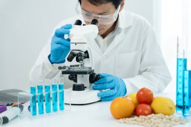 Bilimadamı laboratuvardaki kimyasal gıda kalıntılarını kontrol ediyor. Kontrol uzmanları meyve ve sebzelerin kalitesini inceler. Laboratuvar, tehlike, ROHs, yasaklı maddeleri bul, kirlet, mikroskop, mikrobiyoloji