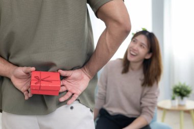 Mutlu koca sürpriz eş için hediye kutusu arar ve saklar. Sevimli kız, heyecanlı hediye kutusu. Doğum günü, kutlama, xmas, yeni yıl festivali, teşekkür, kutlama, sevgililer günü, evlilik yıldönümü 