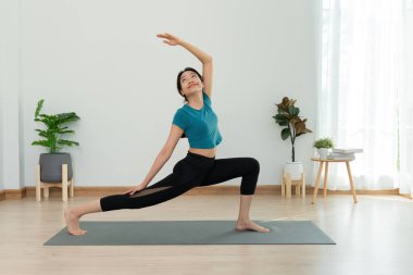 Evde ya da apartmanda yoga yapan zayıf bir kadın. Sabahları egzersiz yapan Asyalı bir kadın. denge, meditasyon, rahatlama, sakinlik, sağlık, mutluluk, rahatlama, sağlıklı yaşam tarzı, diyet, ince