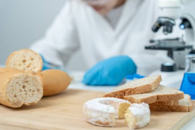 Bilimadamı kimyasalları ve mantarları laboratuvarda kontrol ediyor. Kontrol uzmanları kimyasal kalıntıların konsantrasyonunu inceliyor. Tehlike, standart, yasaklı maddeler, kirlilik, mikrobiyoloji