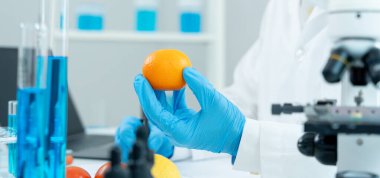 Bilimadamı laboratuvardaki kimyasal gıda kalıntılarını kontrol ediyor. Kontrol uzmanları meyve ve sebzelerin kalitesini inceler. Laboratuvar, tehlike, ROHs, yasaklı maddeleri bul, kirlet, mikroskop, mikrobiyoloji