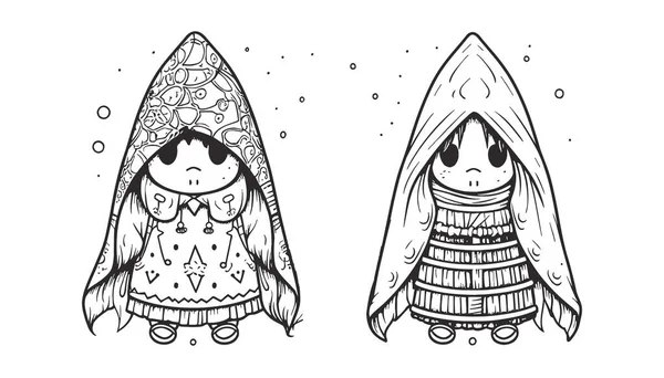 Illustration Von Cute Riding Hood Lineart Schwarz Weiß Generiert — Stockvektor