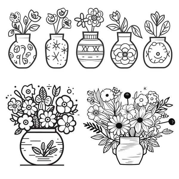 Vector Draw Various Kinds Flower Plants Simple Flat Icon Lineart — Stock Vector