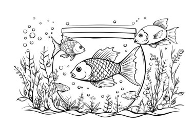 Vektör İllüstrasyonu, Balık ve Akvaryum Suyun Altında