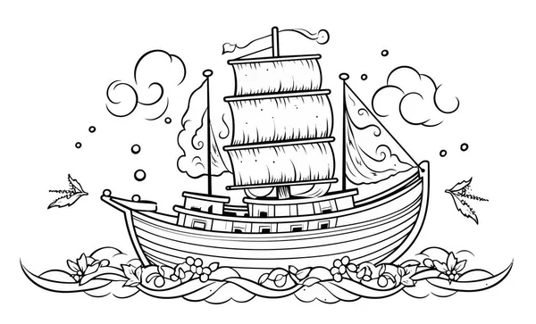 Bosquejo Dibujado Mano Barco Con Barco — Archivo Imágenes Vectoriales