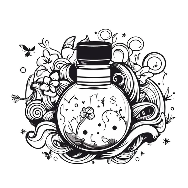 手绘的纹身图上有一瓶水和一朵花 — 图库矢量图片