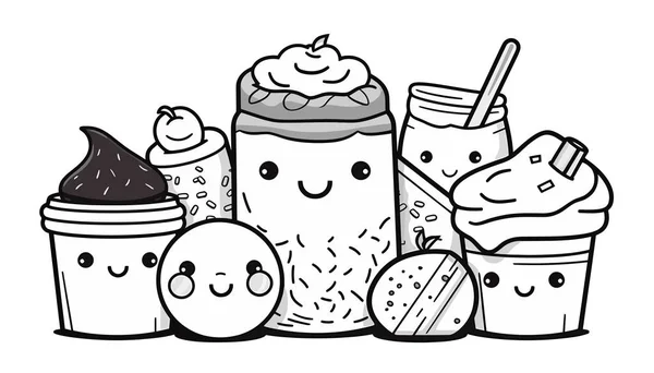 美味的冰激凌和带有可爱卡通画的纸杯蛋糕卡瓦 病媒图解 — 图库矢量图片