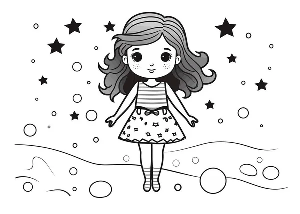 Desenho Vetor Menina Bonito Dos Desenhos Animados Voando Com Estrela —  Vetores de Stock
