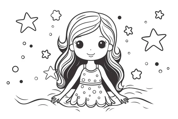 可爱的小女孩 带着星星和月亮矢量图解设计 — 图库矢量图片