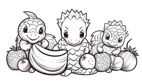 ベクトルアート いくつかの果物とかわいいドラゴンキャラクター — ストックベクタ