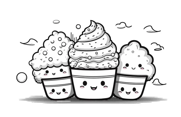 Mignon Cupcake Kawaii Heureux Avec Crème Glacée Illustration Vectorielle Beignet — Image vectorielle
