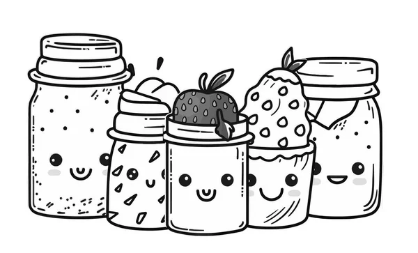 带有巧克力和草莓果酱病媒图解设计的可爱的卡瓦伊石灰罐 — 图库矢量图片