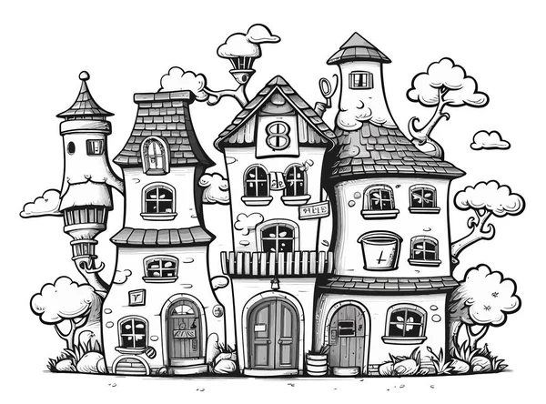 Cartoon Illustration Des Niedlichen Schlosses Mit Bäumen Und Handgezeichneten Elementen — Stockvektor