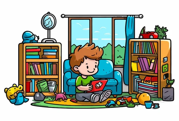 ベクトルイラスト 漫画キャラクターの男の子が部屋で勉強 — ストックベクタ