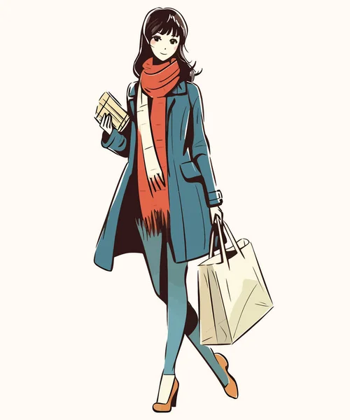 病媒艺术 提着购物袋走路的女孩 — 图库矢量图片