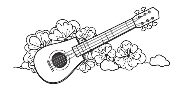 可爱的吉他 花和叶子 黑白相间 — 图库矢量图片