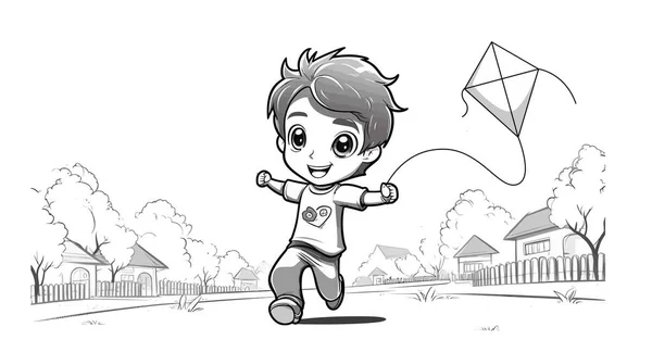 Cartoon Jongen Spelen Kite — Stockvector
