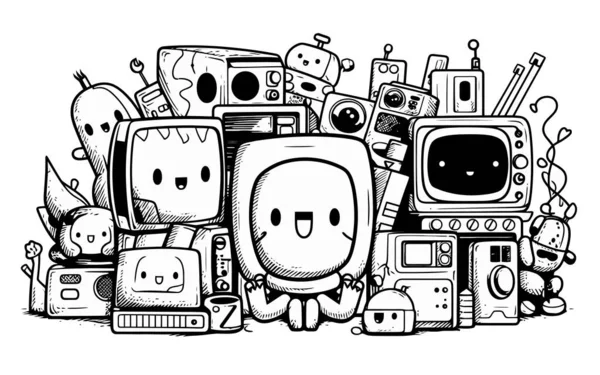 Conjunto Robôs Doodle Desenhos Animados —  Vetores de Stock