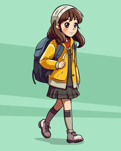 Cute School Girl Standing Backpack — Stock Vector