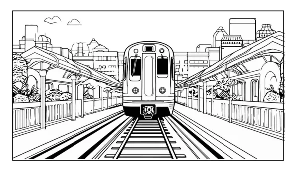 Black White Line Art Train Station — Stock Vector