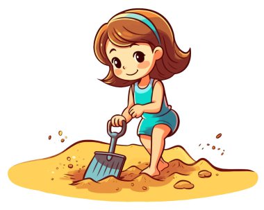 Çizgi film kızı kum resimlerini kazıyor. 