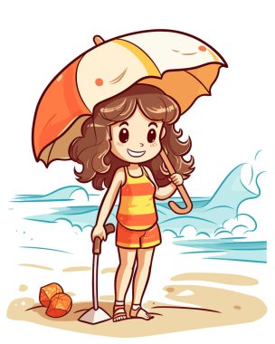 Sahilde ve şemsiyeli çizgi film kızı. 