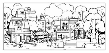 şehir manzarasının siyah beyaz karikatür çizimi 