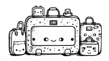 İçinde bavullar ve kawaii karakterleri olan küçük şirin bir bavul. 