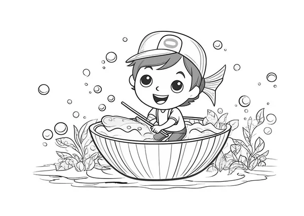 魚のバケツのキャラクターのイラストベクトルデザインの男の子 — ストックベクタ