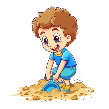 Küçük çocuk kumla toprağı kazıyor 